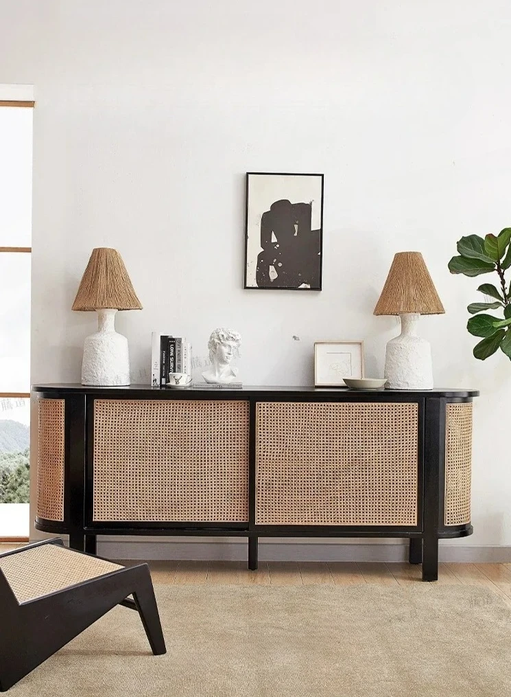 

Retro Solid wood French entrance cabinet Medieval black log rattan tea bucket cabinet Home bed and breakfast meal preparation