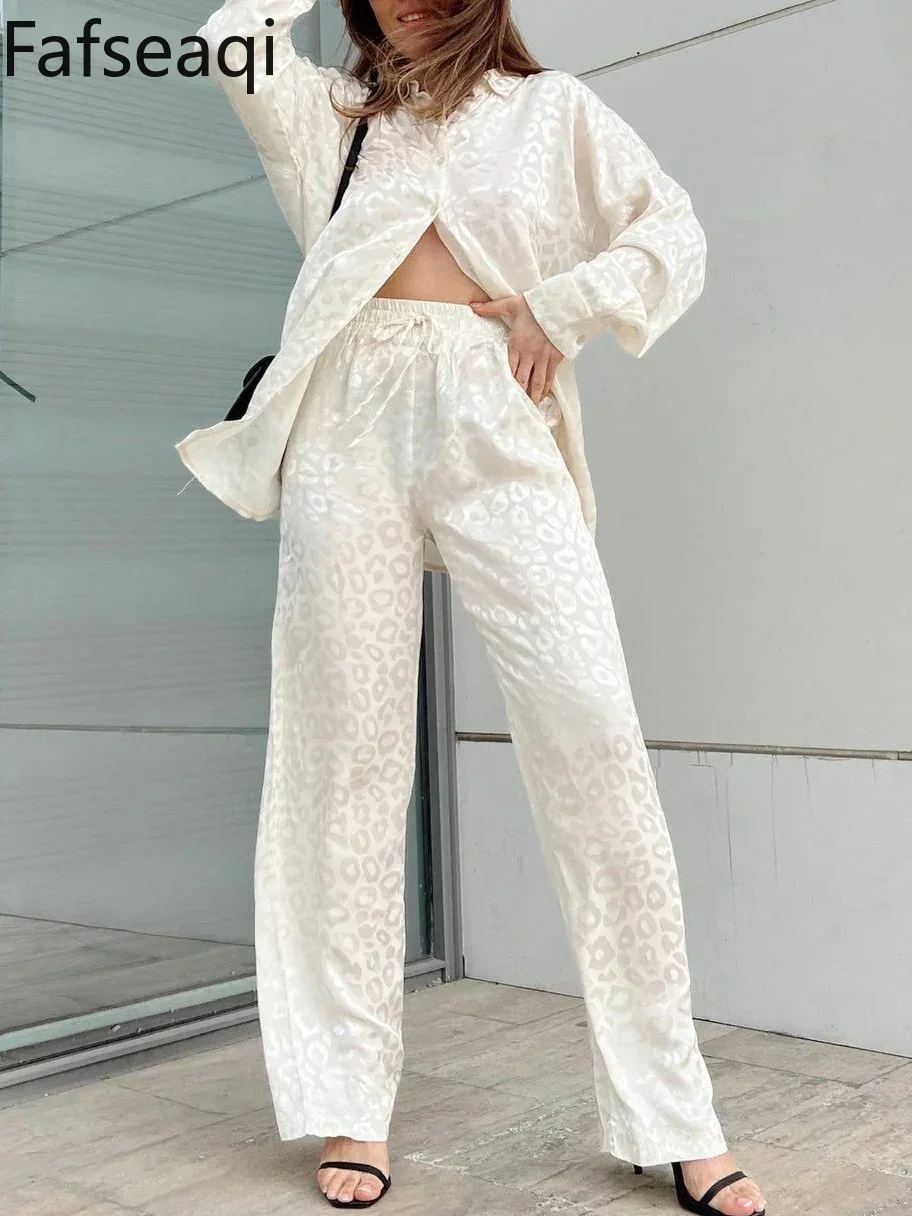 White Satin Wide Leg Trousers Suit for Women 2024 Spring Office Leopard Print Two-piece Set Home Tracksuit Women\'s Pajamas Sets