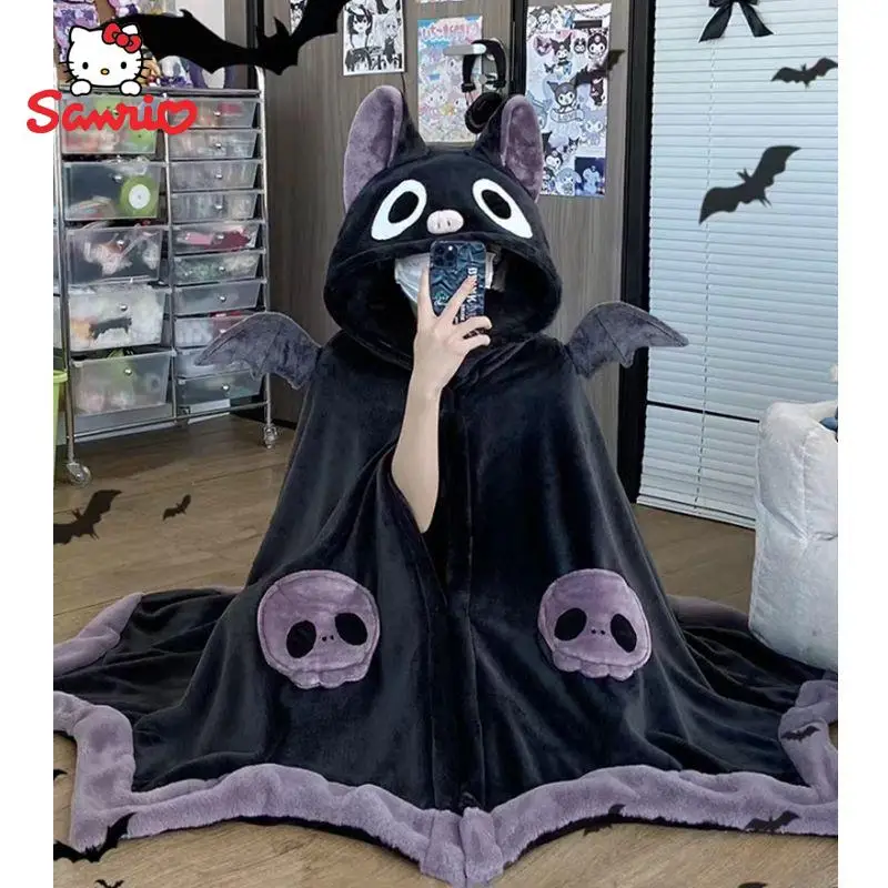 Kuromi Bat Plush Velvet Cloak Pajamas Y2K Anime Shawl Shark Foxes Sleepwear Adults Winter Thickened Pajamas Female Blanket Cape