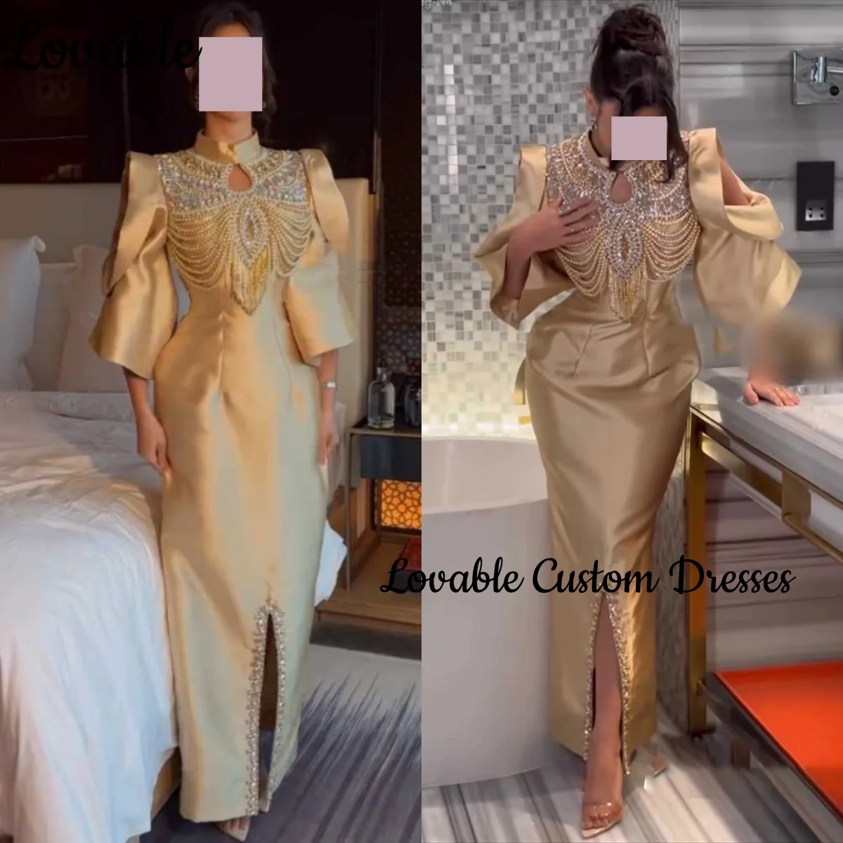 

Column Split Customize Formal Occasion Dresses Scoop Neckline Floor-Length Beadings Women'S Evening Dresses Zipper Up Long Sleev