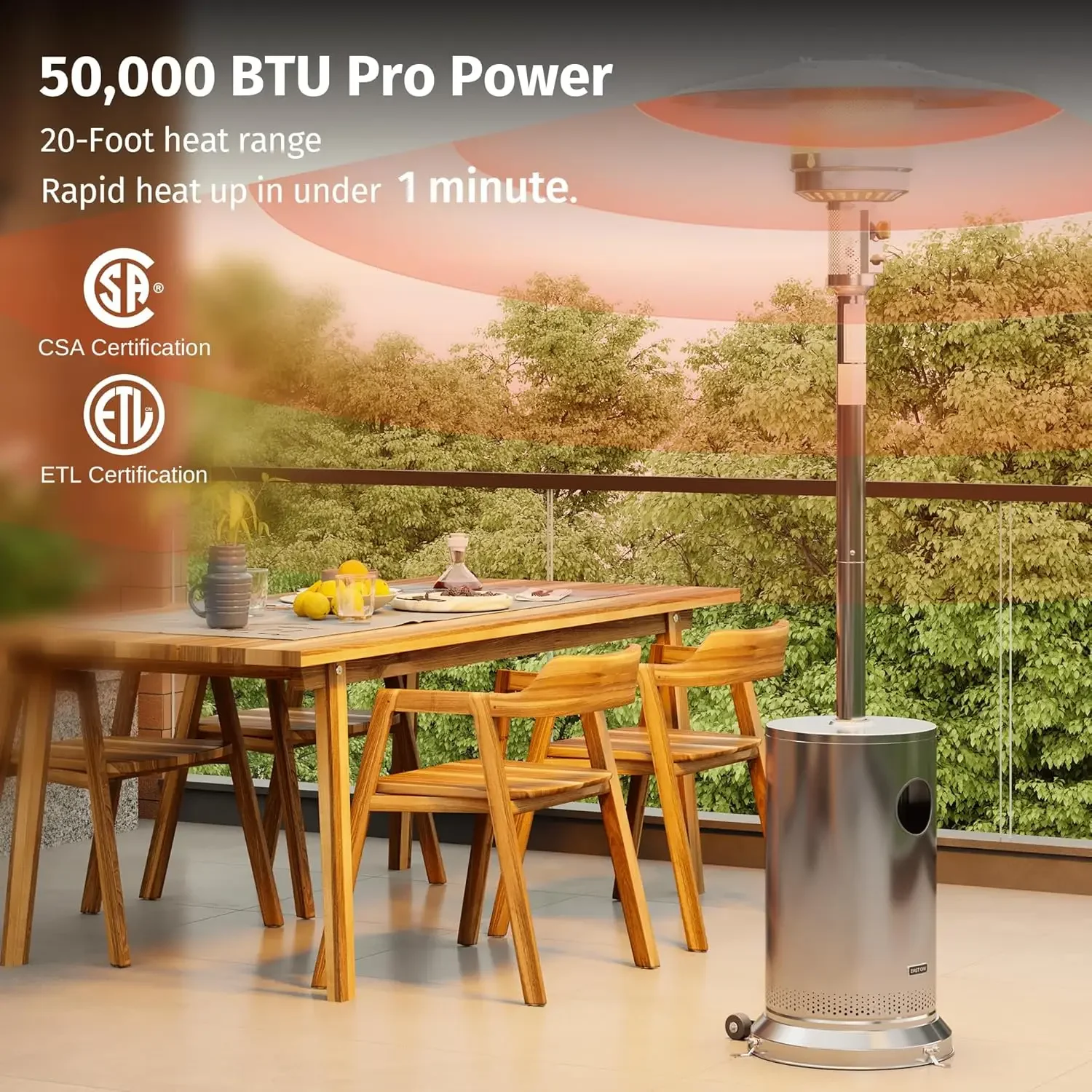 Anti-rust 50,000 BTU Patio Heater for Outdoor Use With Double-Layer Stainless Steel Burner, Round Table Design and Wheels, Outdo