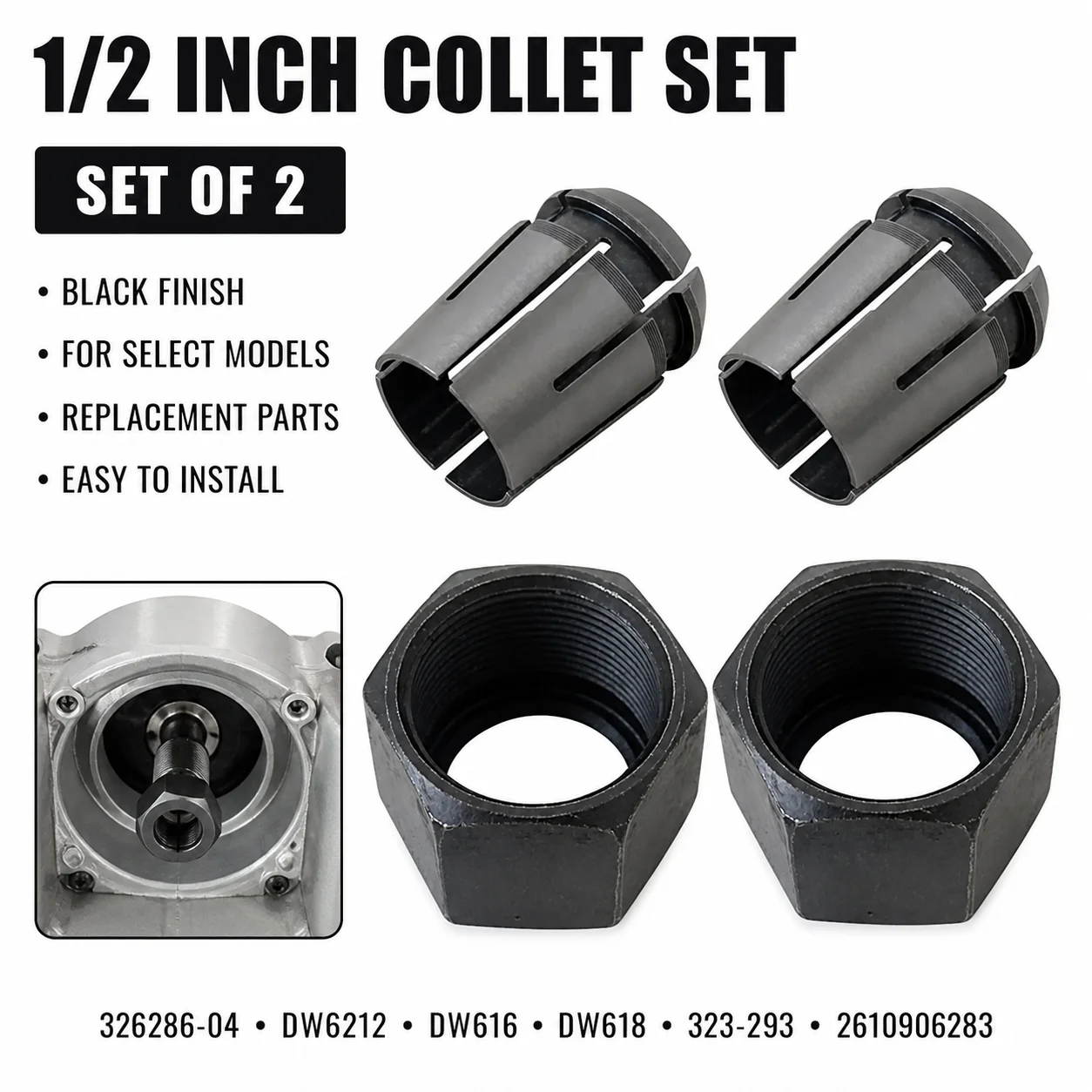 2 Sets 1/2 Inch Router Collet and Nut for DeWalt DW616 DW618 DW621, Black Replacement Part 326286-04