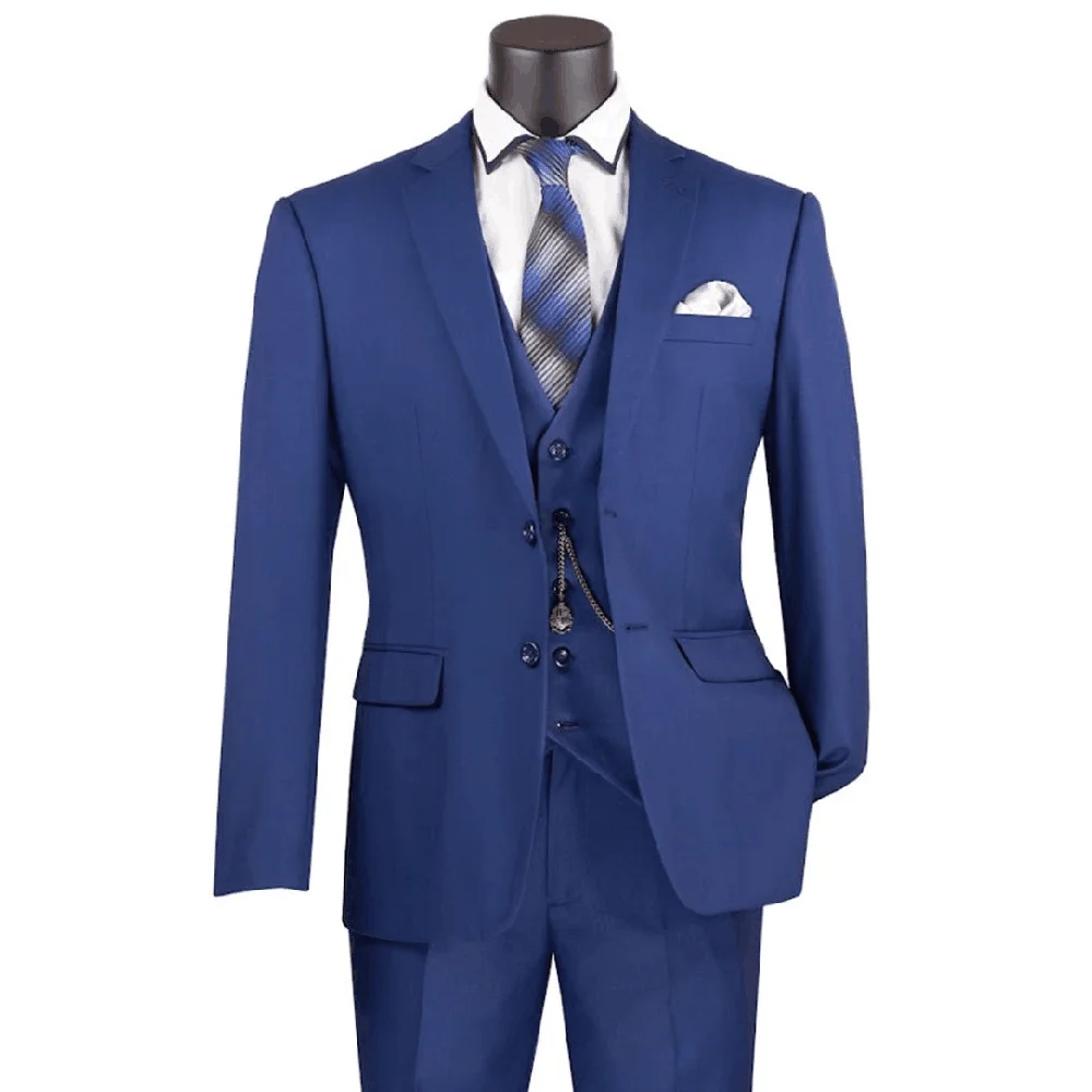 

Blue Men Suits High Quality 3 Pieces Jacket Pant Vest Single Breasted Formal Occasion Notch Collar Male Clothing Fashion