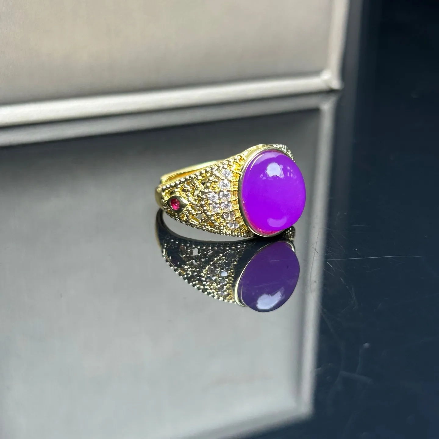 Real Natural Inlay Ice Purple Burmese Jade Jadeite Archaistic Amulet Ring