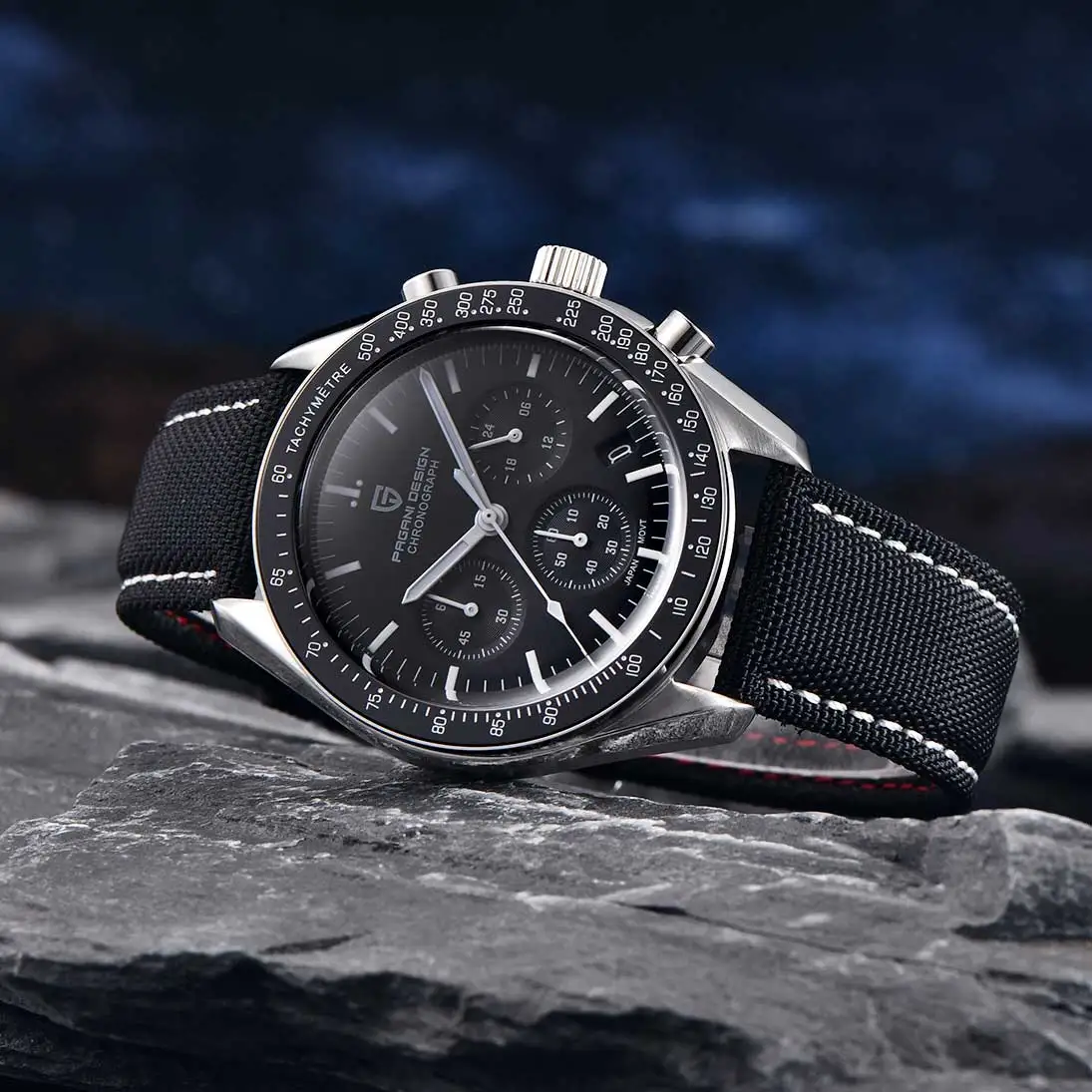 PAGANI DESIGN 2026 New Moon Herrenuhr Luxus Quarzuhr für Männer Chronograph AR Saphir Wasserdicht VK63 Herrenuhr mit Nylonarmband