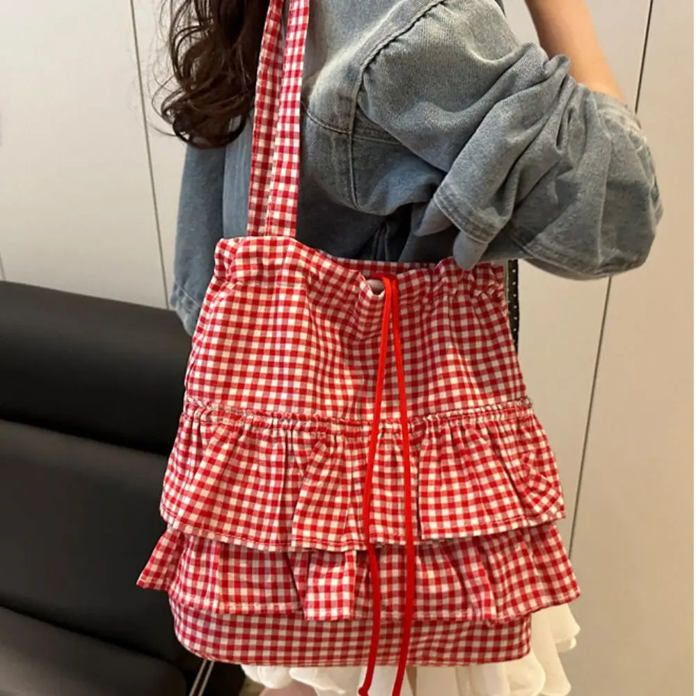 

Casual Korean Style Lotus Leaf Shoulder Bag Fashion Large Capacity Plaid Tote Bag Portable Printing Drawstring Bag Storage Bag