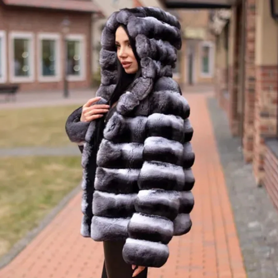 Ladies Rex Rabbit Fur Coat Hot Sales Styles Chinchilla Real Fur Coat Women Winter Hooded Jacket High Quality