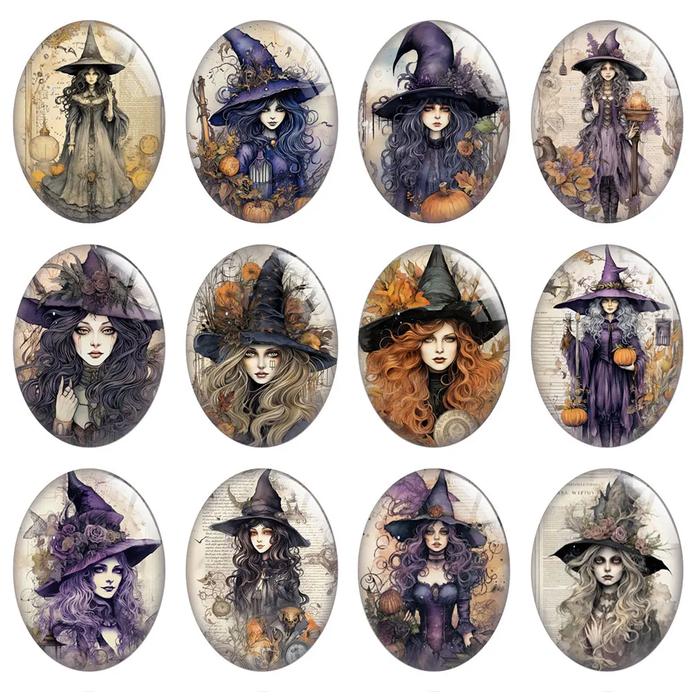 10pcs/lot Halloween Gothic Purple Witch Potions Pumpkin Flower Oval Photo Glass Cabochon Flatback Demo Cameo Diy Jewelry Making