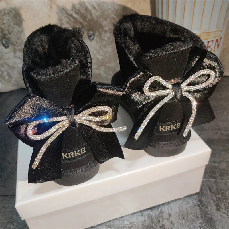 Heavy diamond inlaid cute short snow boots rhinestones hand-made thick real cowhide warm goddess cute large size cotton boots