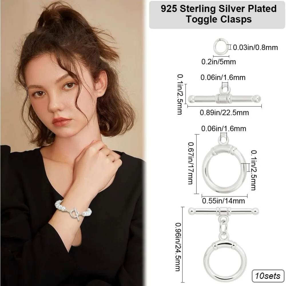 10Pcs 925 Sterling Silver Plated Toggle Clasps T-bar Closure Round Claps Connectors with Jump Rings for Necklaces making kit