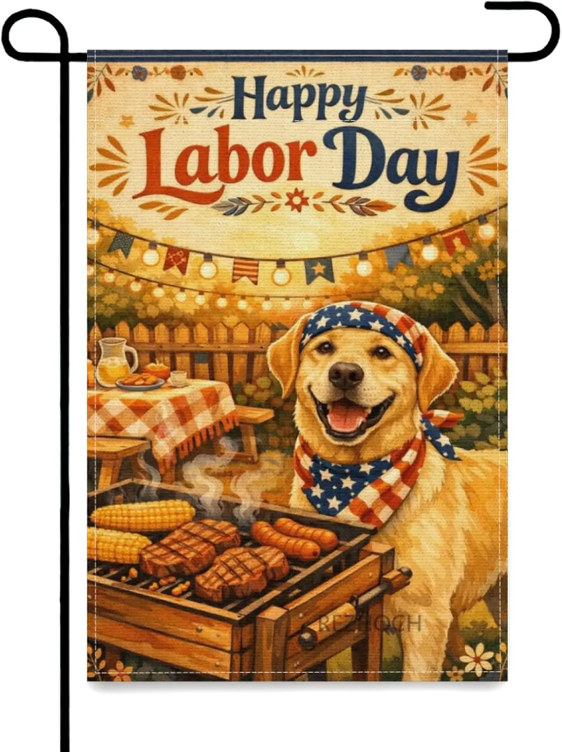 Bohemian Garden Flag 12x18 Inch,Boho Fun Labrador Retriever Dog BBQ Party Happy Labor Day Cute Animal Yard Decor,Rustic Doub AAS
