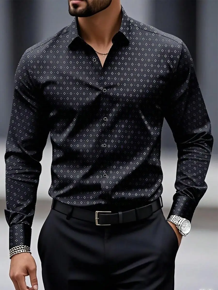 

Men's Black Long Sleeve Casual Shirt with Geometric Print Pattern