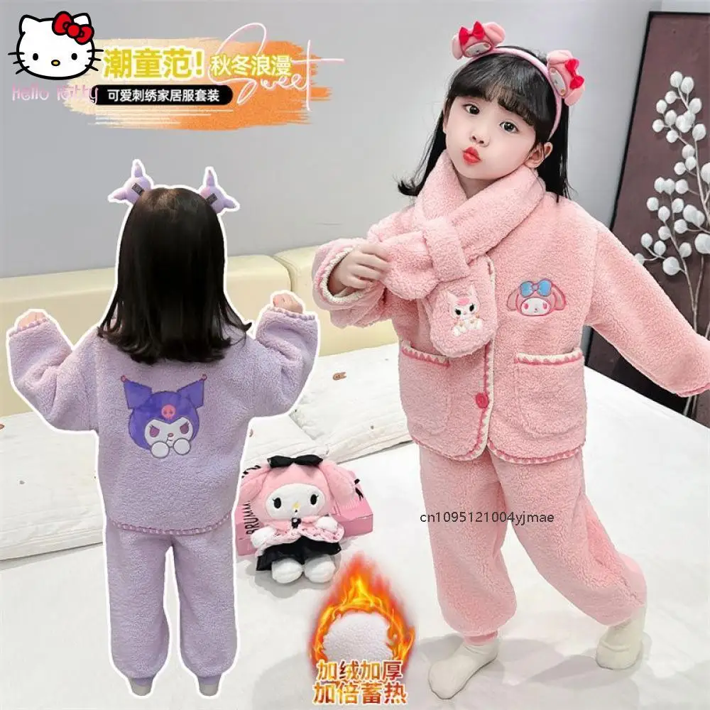 

Sanrio Kuromi Children's Pajamas Suit Winter Melody Flannel Lounge Clothes Cute Homes Clothe Kawaii Sleepwear Cartoon Thickening