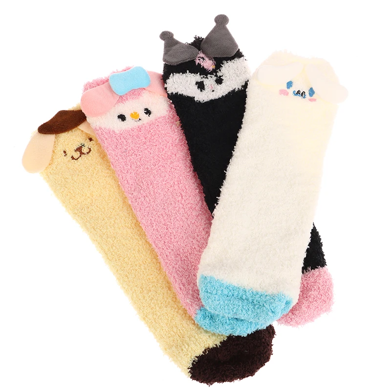 1Pair Cute Sanrio My Melody Kuromi Cinnamoroll Socks Women Floor Socks Coral Velvet Sweat Absorption Socks Keep Warm Girls Gift