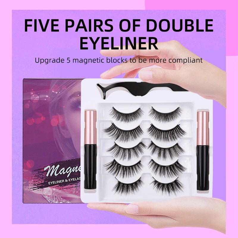 5Pairs Magnetic Eyelashes False Lashes Private Label Repeated Use Eyelashes Liquid Eyeliner Tweezer Makeup Set Wholesale 50sets