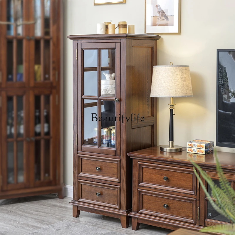 American pure solid wood wine cabinet glass all log tall and short display cabinet