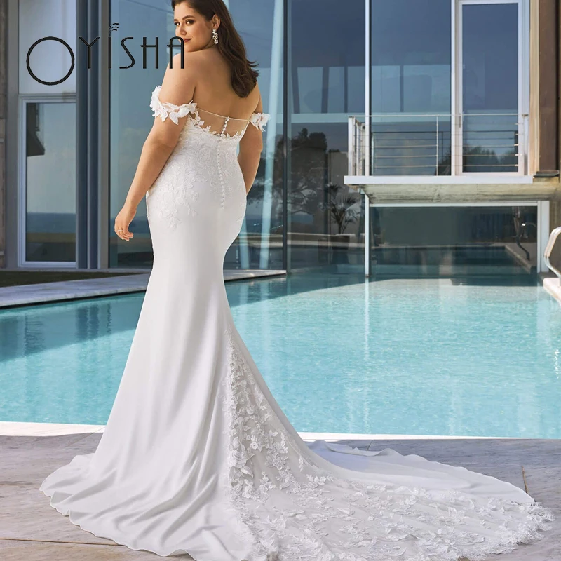 OYISHA-vestido De novia De satén con hombros descubiertos, prenda elegante De sirena, Sexy, Simple, con apliques delicados, De encaje Elegante vestido de novia de sirena de código Puls sexy hombro expuesto simple vesti