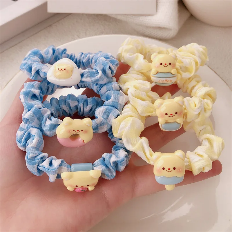 

3Pcs Creamy Bear Large Intestine Hair Tie Hair Accessory Girl Heart Sweet Hair Rope Student High Elastic Ponytail Rubber Band
