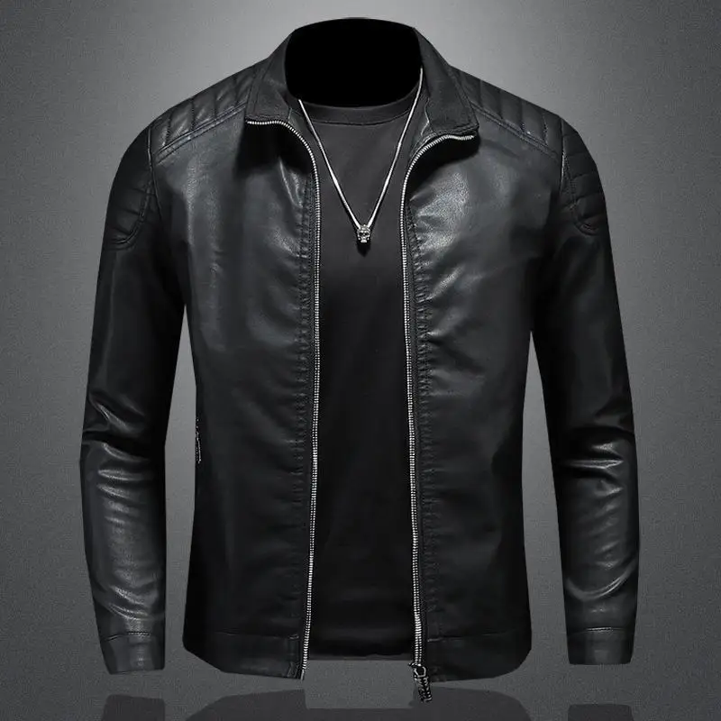 

Men's Faux Leather Jacket Vintage Stand Collar Motorcycle PU Leather Outwear Coat