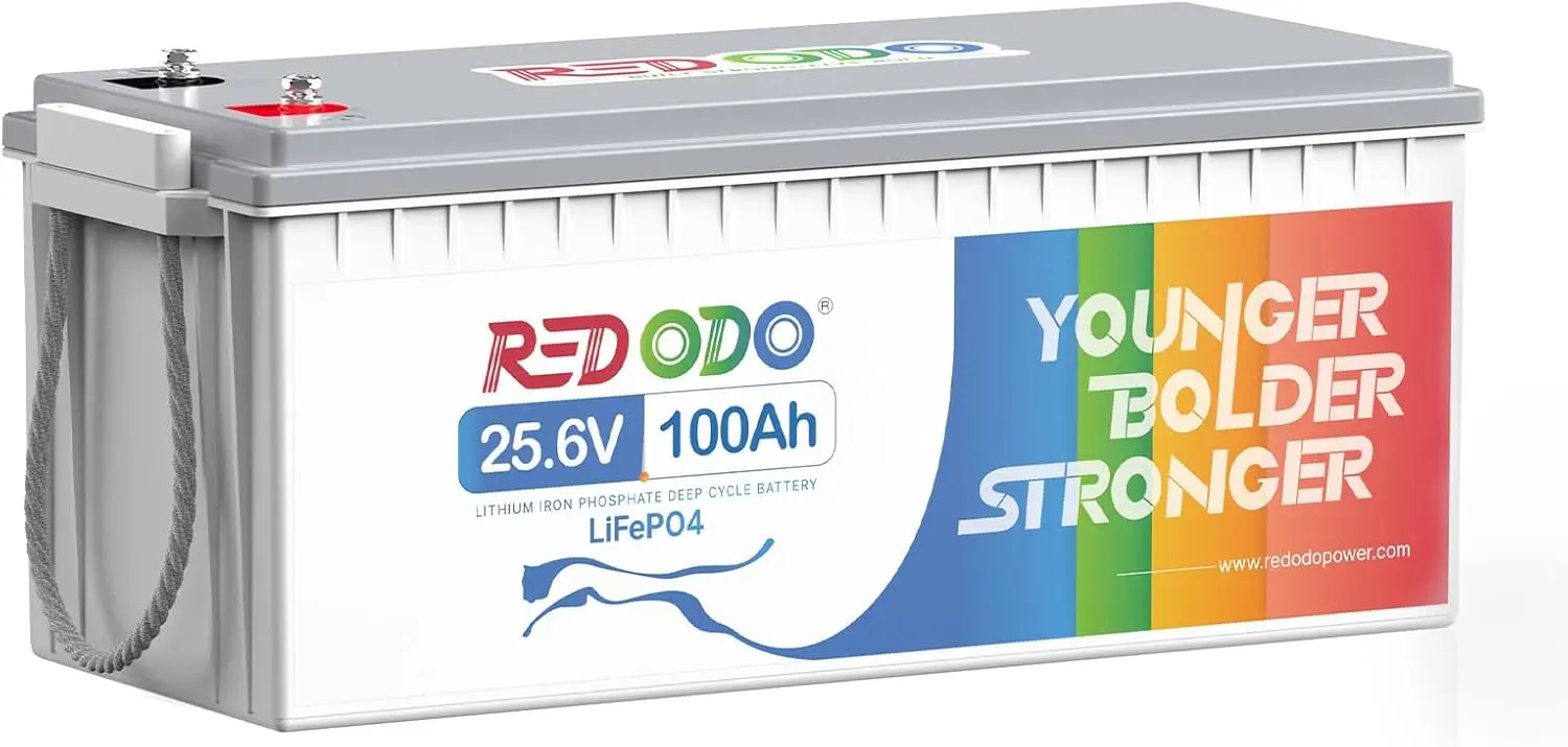 24V 100Ah LiFePO4 Lithium Battery Max. 2560W Power Output Built in 100A BMS, 4000-15000 Deep Cycles & 10-Year Lifetime