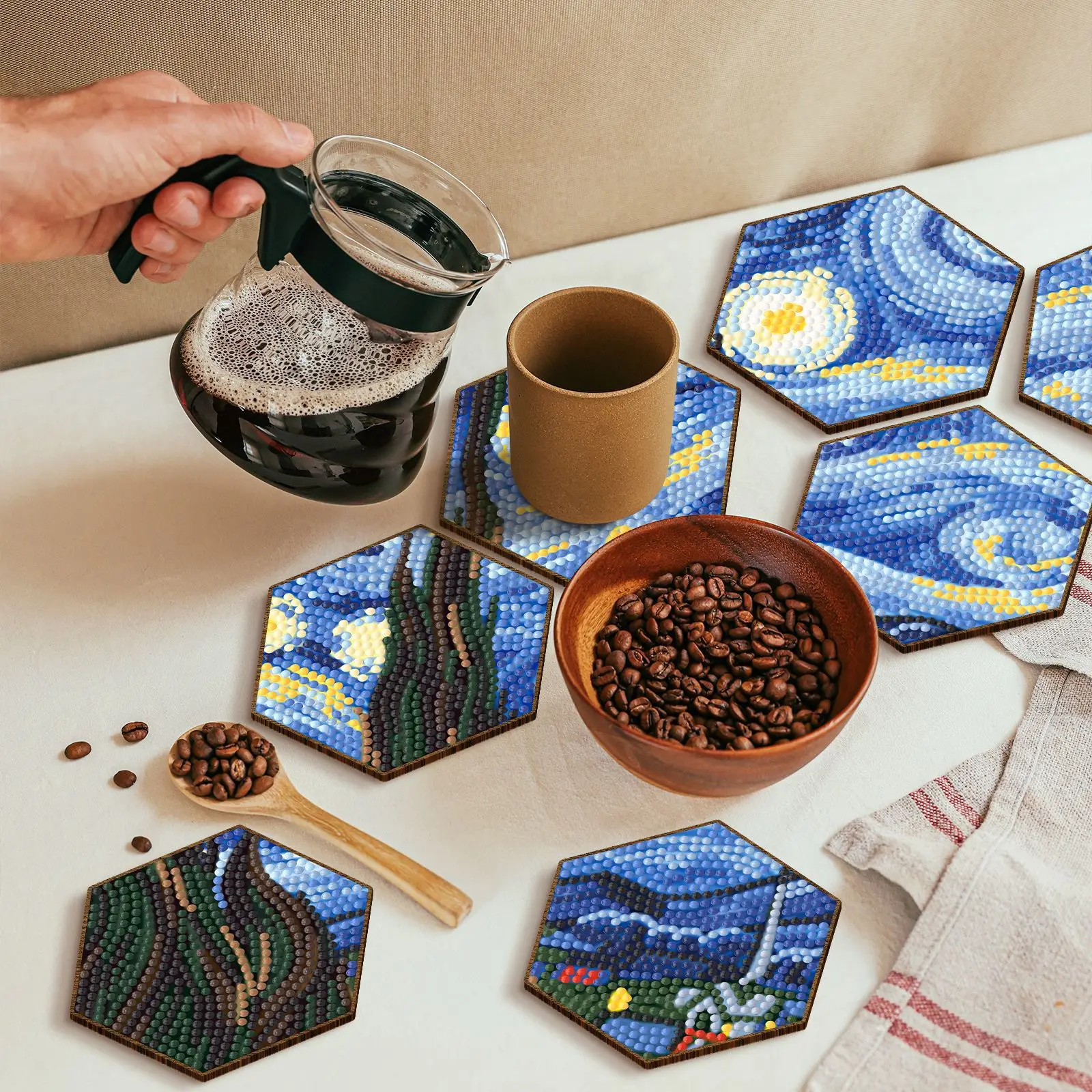 7PCS Hexagonal Starry Night Diamond Painting Coasters Kit With Holder Stackable DIY Coaster Honeycomb Shape Tablemat