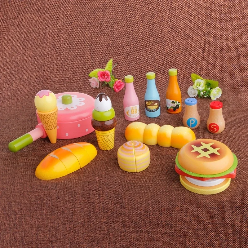 Hot selling Kids Wooden play kitchen toys Pretend Role Fruit Food educational Toy Cutting Set Child Gifts spice bottles