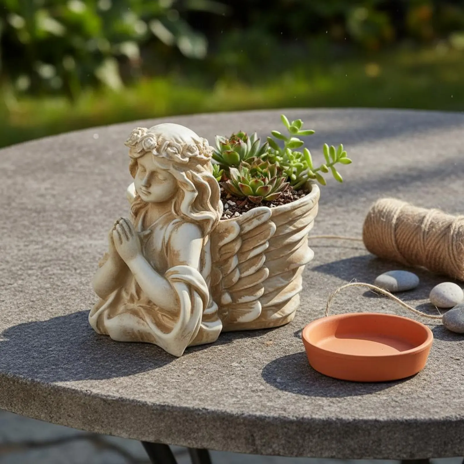 Praying Cherub Planter Antique Design Cherub Feather Flower Pot Cherub Garden Pot Weather Resistant for Courtyard, Patio