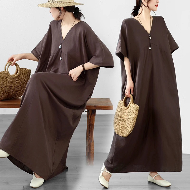 

Loose Fit Long Sleeveless V-Neck Double Gauze Cotton Coffee Colored Batwing Sleeve Large Size Women's Dress New Chinese Style