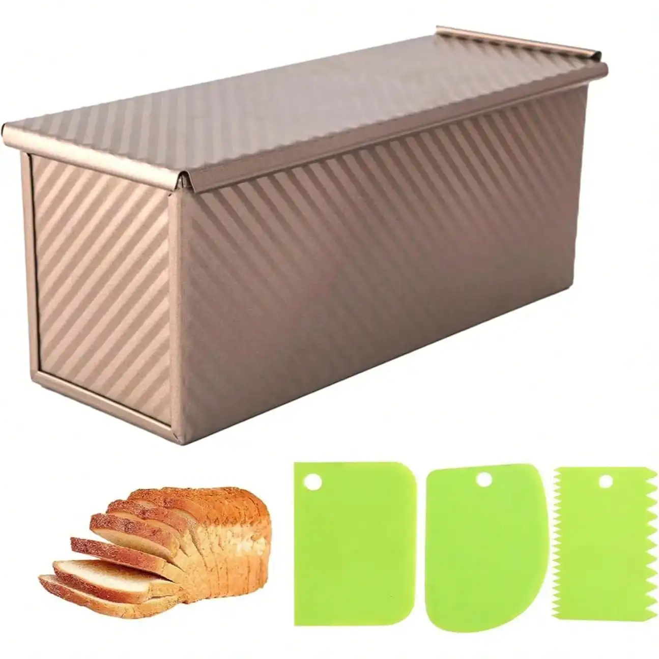 13 X 5 Inch Pullman Loaf Pan With Lid, 2.2lb Aluminized Steel Nonstick Bread Pan For Sandwich Bread, Long Bread Loaf Pan With Dough Scraper Cutter