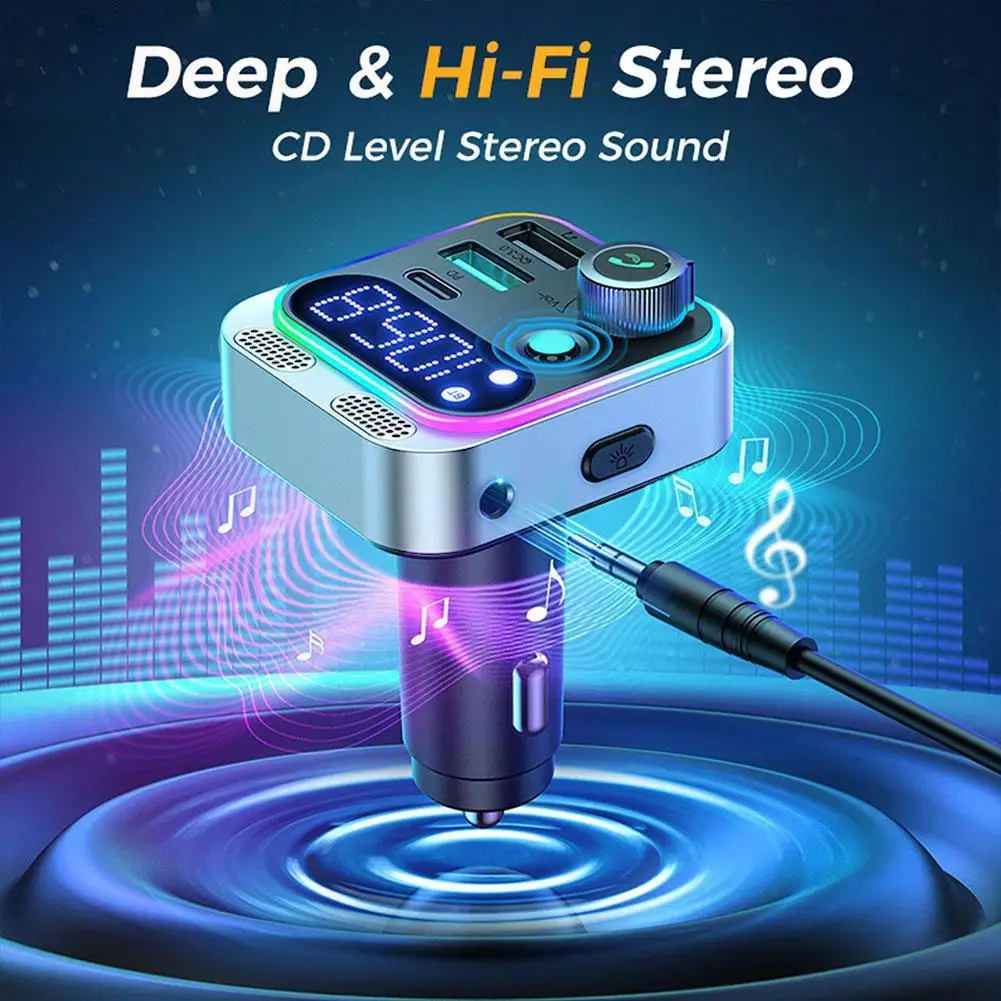 Transmisor Fm con Bluetooth 2023 para coche, [Micrófono Dual de sonido de graves profundos], cargador de coche Pd de 48w y qc3.0, adaptador