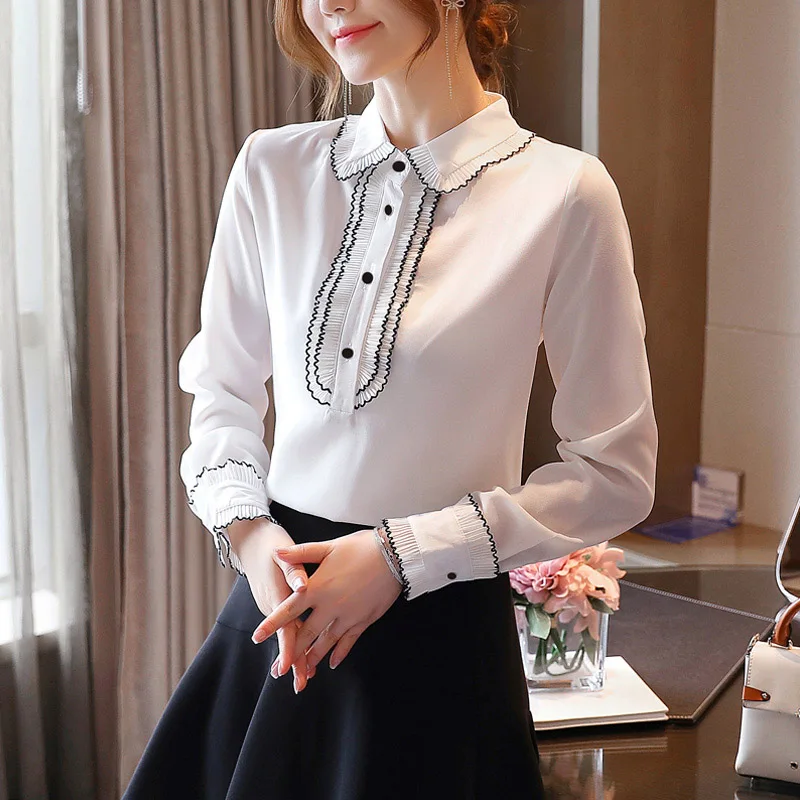 

Women Clothes Solid Ruffles Spliced Peter Pan Collar Blouse Spring Autumn Chiffon Fashion Simple Long Sleeve Shirts Female Top