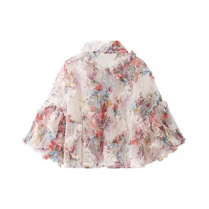 Autumn Women Cascade Wood Ears Floral Print Mesh Shirt Lapel Collar Single-breasted Buttons 3/4 Puff Sleeve Loose Blouses Tops