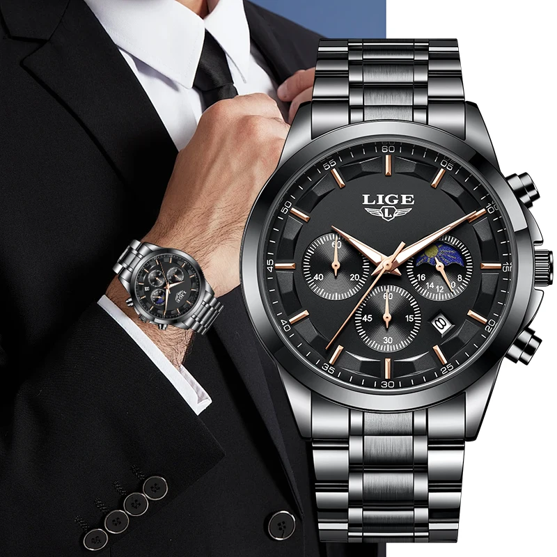 

LIGE Top Brand Luxury Man Watch Classic Casual Stainless Wristwatch Moon Phase Date Waterproof Quartz Men's Watches Reloj Hombre