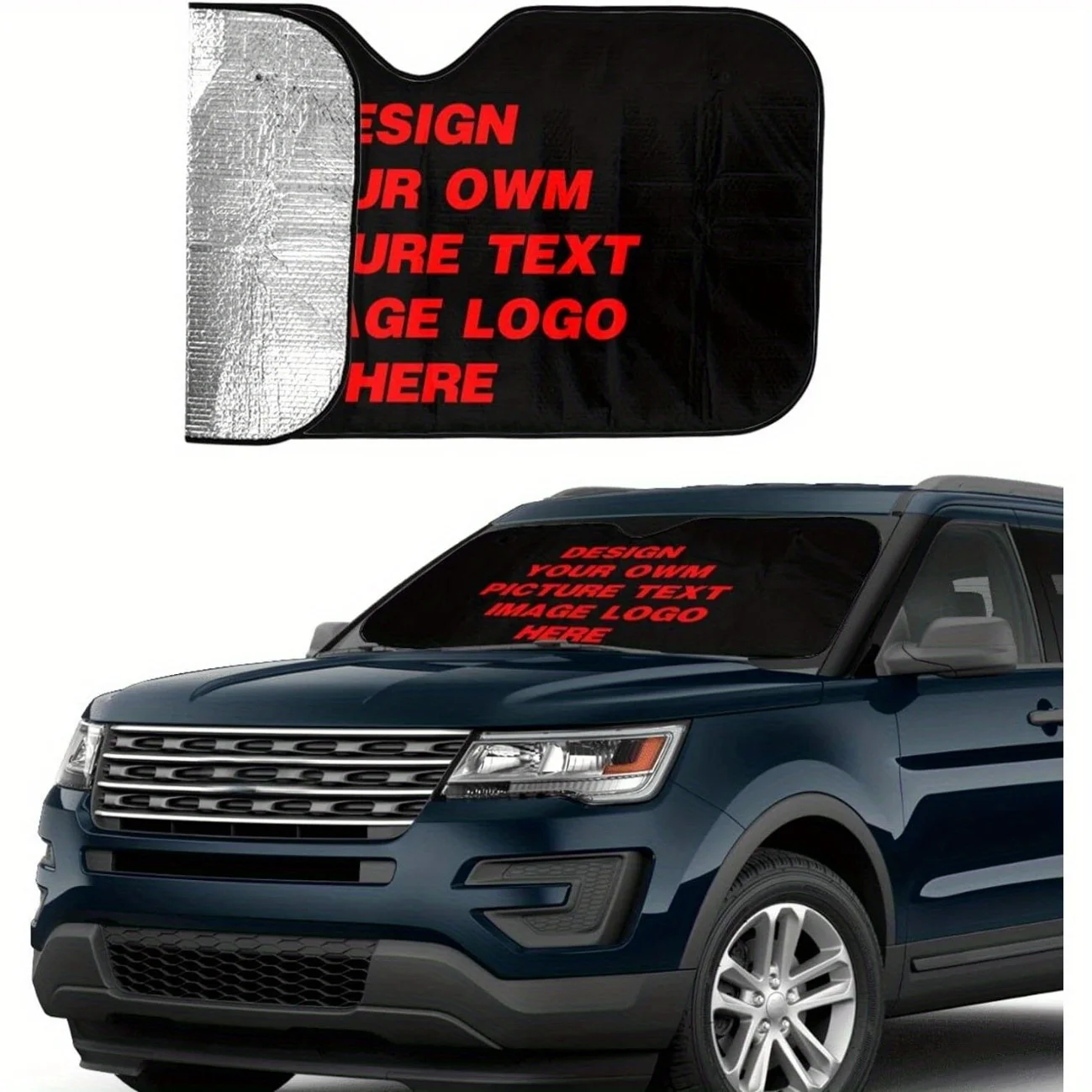 

[Custom Car Sunshade] Customizable Durable Polyester Car Windshield Sunshade | Personalize With Your Photo & Text, Fits Sedans,