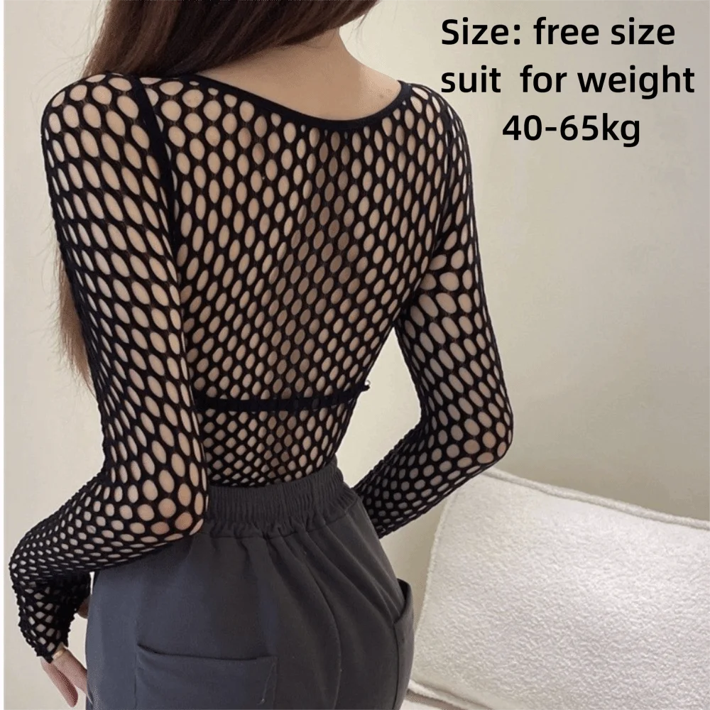 T-shirt en maille, Design Slim et Sexy, ajouré, matériau transparent, couleur noire, tissu doux, haut en résille, mode amusante