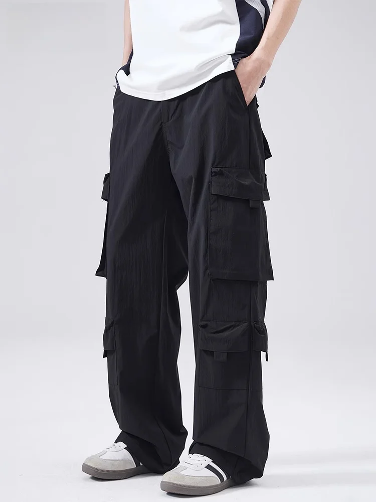 

Повседневные брюки из ледяного шелка, мужские летние тонкие прямые брюки, свободная рабочая одежда, брюки с несколькими карманами, американские функциональные свободные брюки