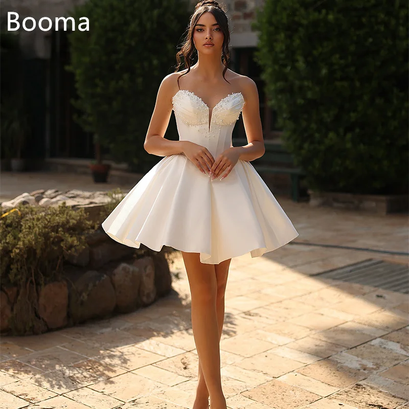 

Booma Simple Sleeveless Strapless Pearls Wedding Dresses Mini Pleat Satin Corset Brides Gown Custom Made 2025