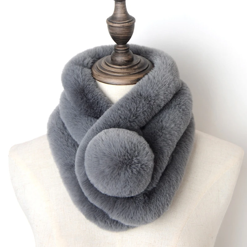 Rex Rabbit Fur Scarf Women Autumn And Winter fur Scarves Warm Thick With Ball Pele Scarves Rabbit Fur Rings scarf female fur