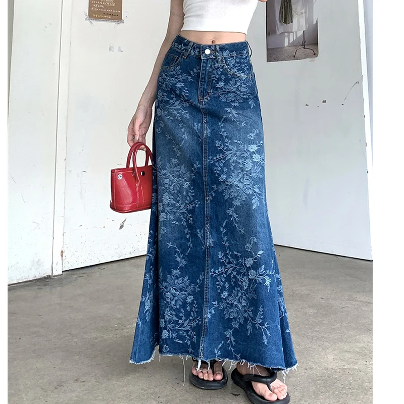 

GUUZYUVIZ Women's Blue Vintage Printed Denim Long Skirt 2025 Summer Casual High Waist Tassle A-line Female Jeans Skirts Fashion