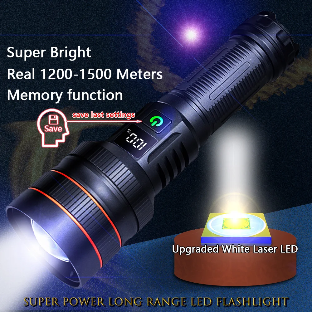 NEW Super Long Range LED Flashlight Type-C Charging Strong Light Tactical Torch Lamp Outdoor Portable Lantern Waterproof