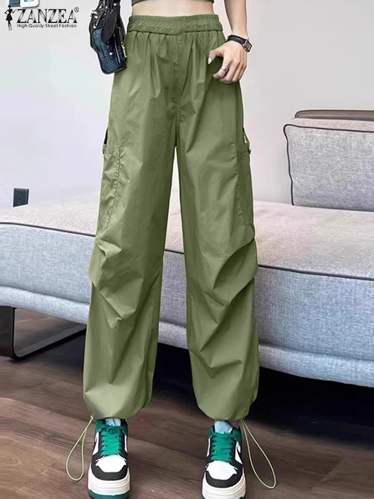 

ZANZEA Women Solid Color Pants Fashion Elastic Waist Cargo Pants Holiday Korean Pockets Loose Trouser Chic 2025 Summer Long Pant