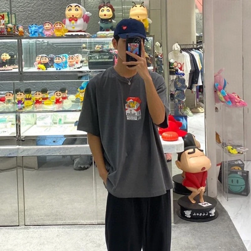 Summer Top EPIDE Cigarette Box Print Retro Short Sleeved High Street Casual Loose Vintage T-shirt Oversize Washed Pure Cotton