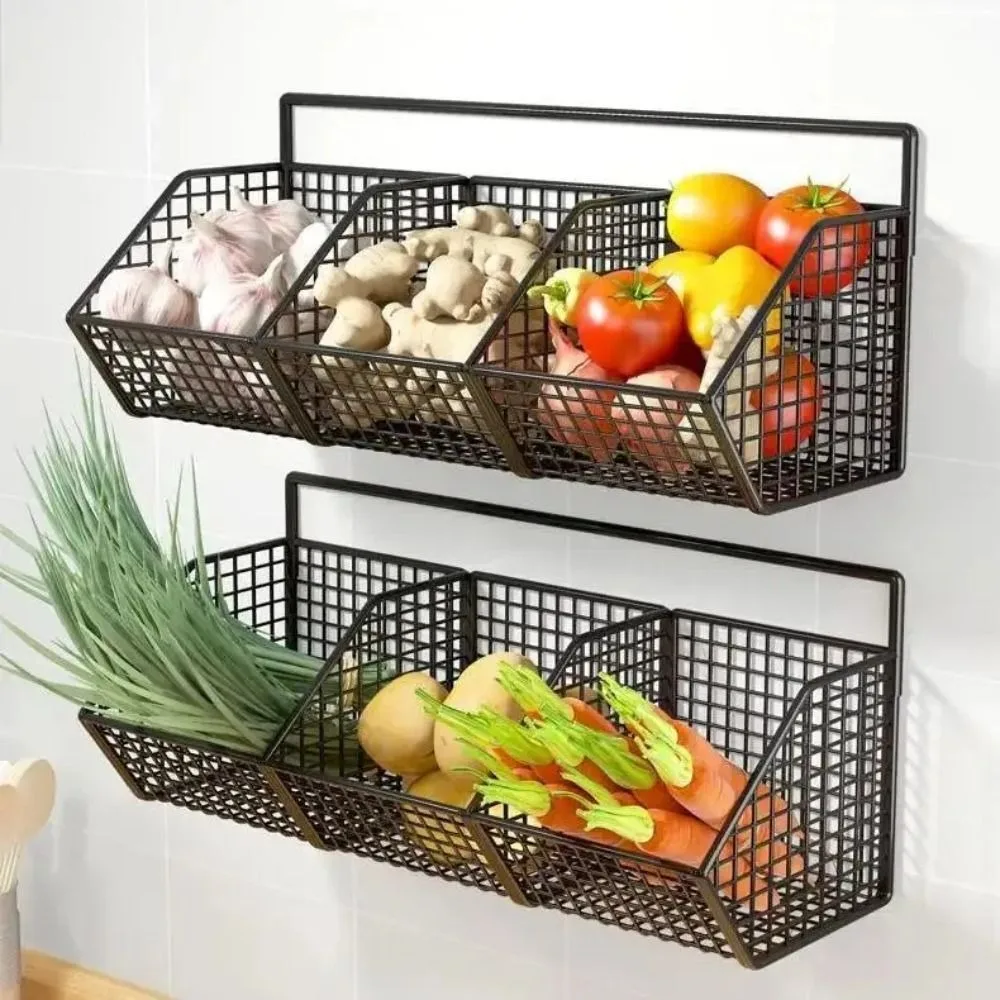 Wall Mounted Kitchen Storage Rack Condiments Spice Vegetable Fruit Kitchen Shelf High Capacity Household Drain Basket Kitchen