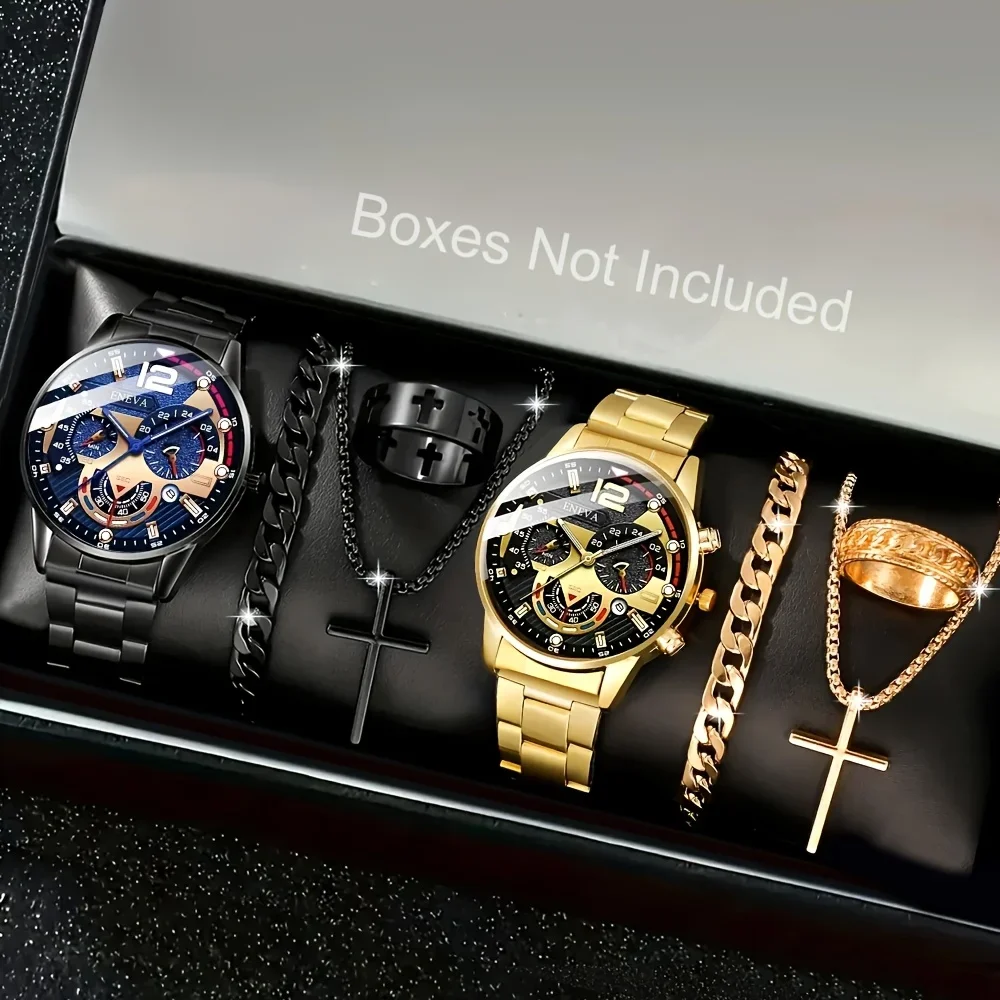 8-piece men's quartz watch set, black circular dial, bracelet, necklace, ring - fashionable zinc alloy jewelry set