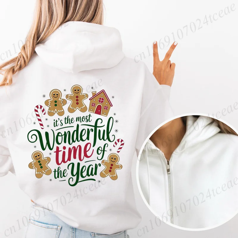 Nieuwe hoodies Het is de mooiste tijd van het jaar Print Dames Hoodies Sweatshirt met capuchon en ritssluiting Peperkoek Kerstshirts