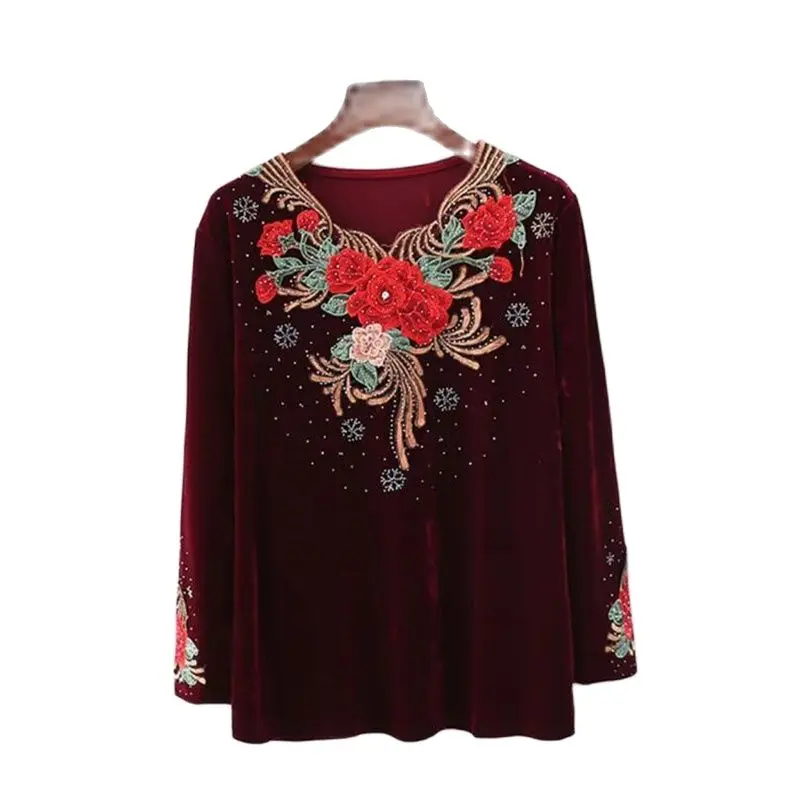 

Gold Velvet Embroidery T-Shirt Tops 6XL Big Size Middle-Aged Elderly Women's Bottoming Shirt 2023 Spring Autumn Blous Coat 2023