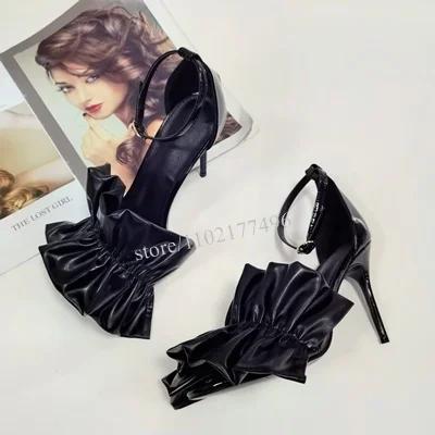 Fringe Black Leather Cloth Ruffle Crinkle Pumps Buckle Cover Heel Sandals Patent Hollow Branded Stiletto Round Toe Concise Shoes