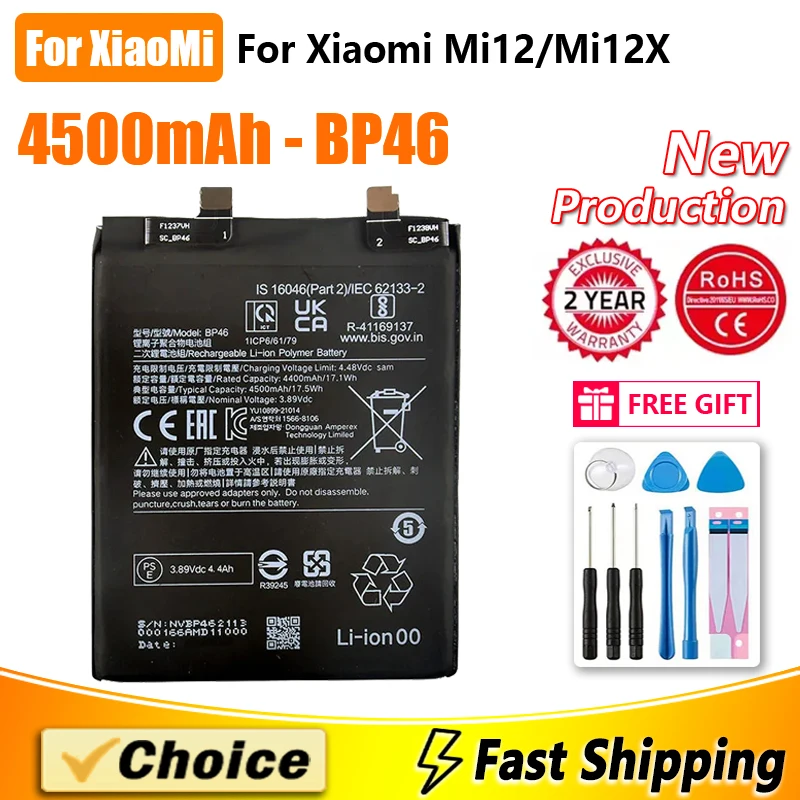 4500mAh 100% Original Battery For Xiaomi Mi 12 / Mi 12X BP46 Brand New Replacement Phone Lithium Batteries+Tools kit