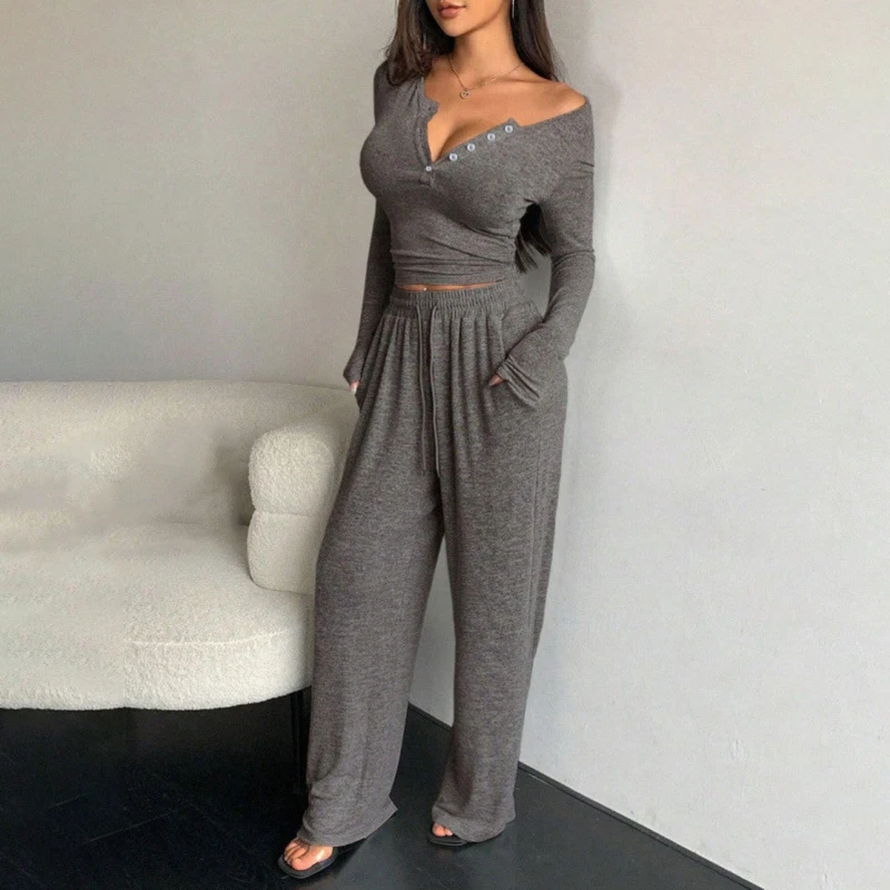 Women 2 Piece Loungewear Set Long Sleeve Crop Top Drawstring Wide Leg Pants Casual Home Pajama Tracksuit Outfit
