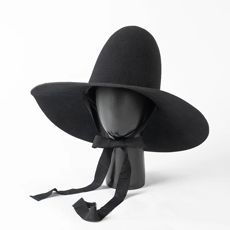 European American Retro Personality Stage Performance Fashion Black Wool Fedora Hat For Women Men Big Wide Brim Magic Felt Hats